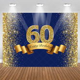 Aperturee - Happy 60th Birthday Royal Blue Gold Glitter Backdrop for Photos